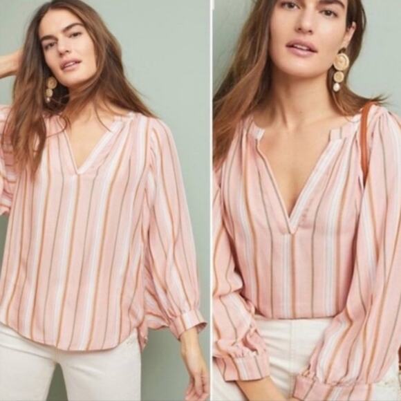 Anthropologie Maeve Byron Pink Striped Blouse VNeck - Picture 1 of 8